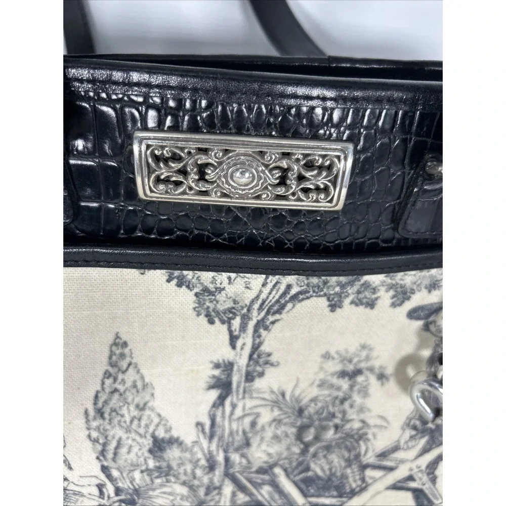 Brighton Martine Purse Black Croc Embossed Leather Canvas Blue Toile Shoulder